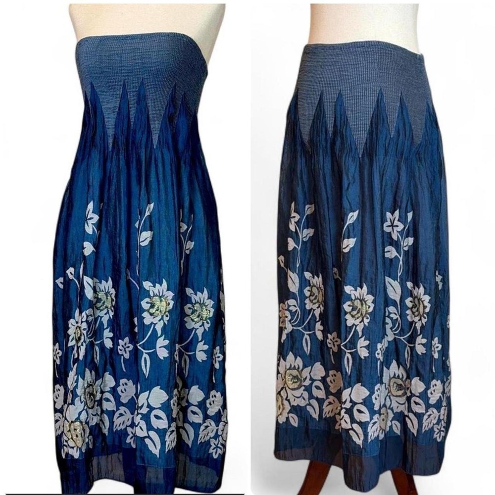 Lapis Blue gauzy metallic floral Boho maxi skirt
